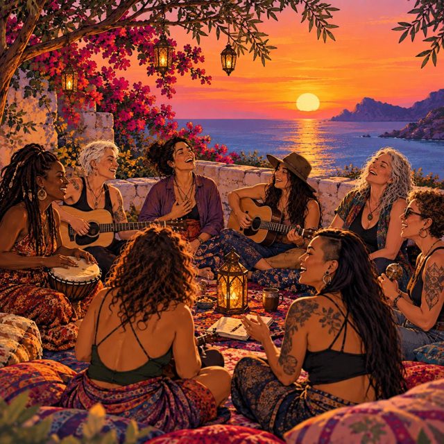 A group of women sitting outdoors around a lamp with drums and guitars, smiling and singing. it's a drawing that's close to photoreality. In the background there is a sunset over the sea, with hills on the side.