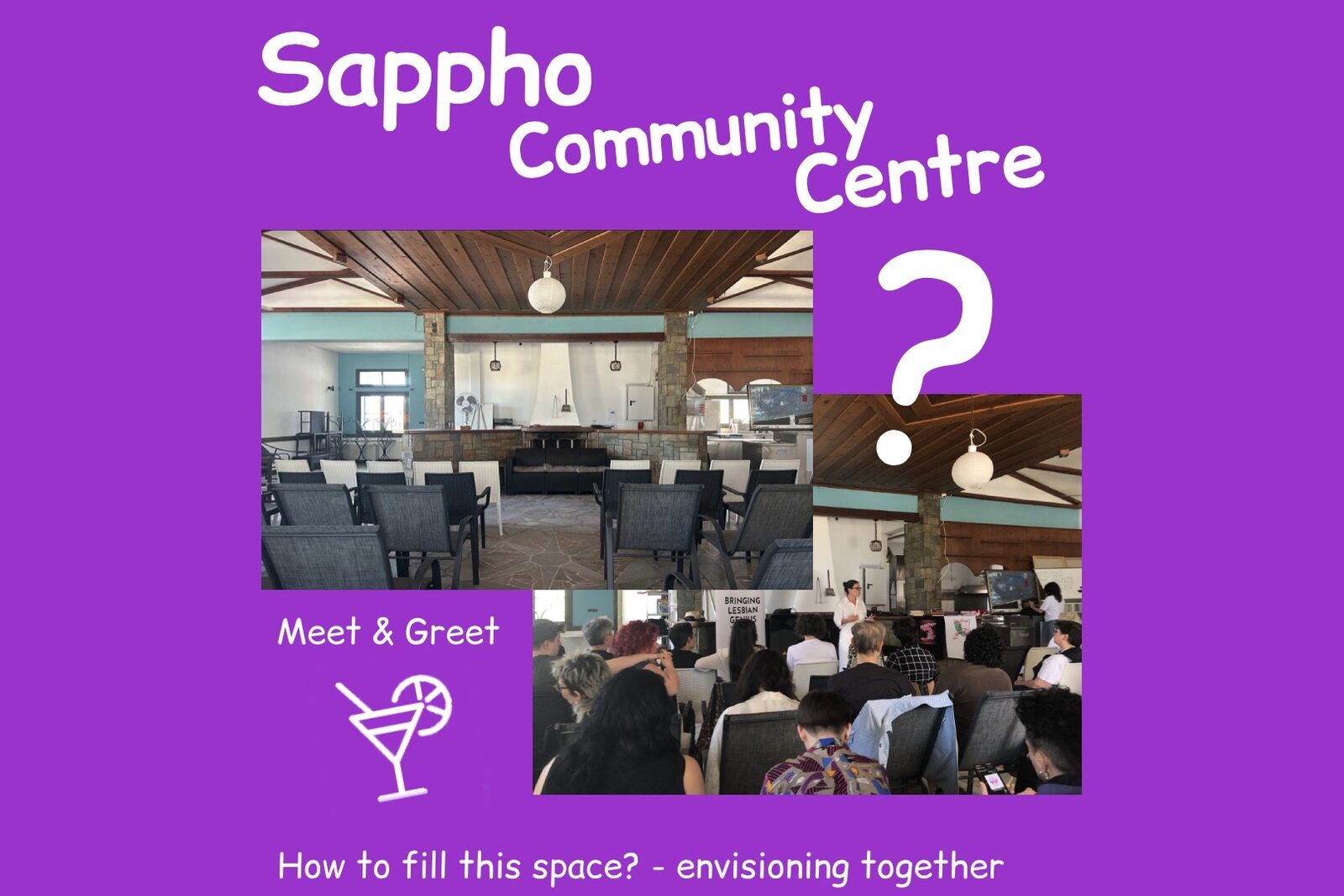 A collage of the Centre’s main room empty and filled with women, with the text: How to fill the space? Envisioning together